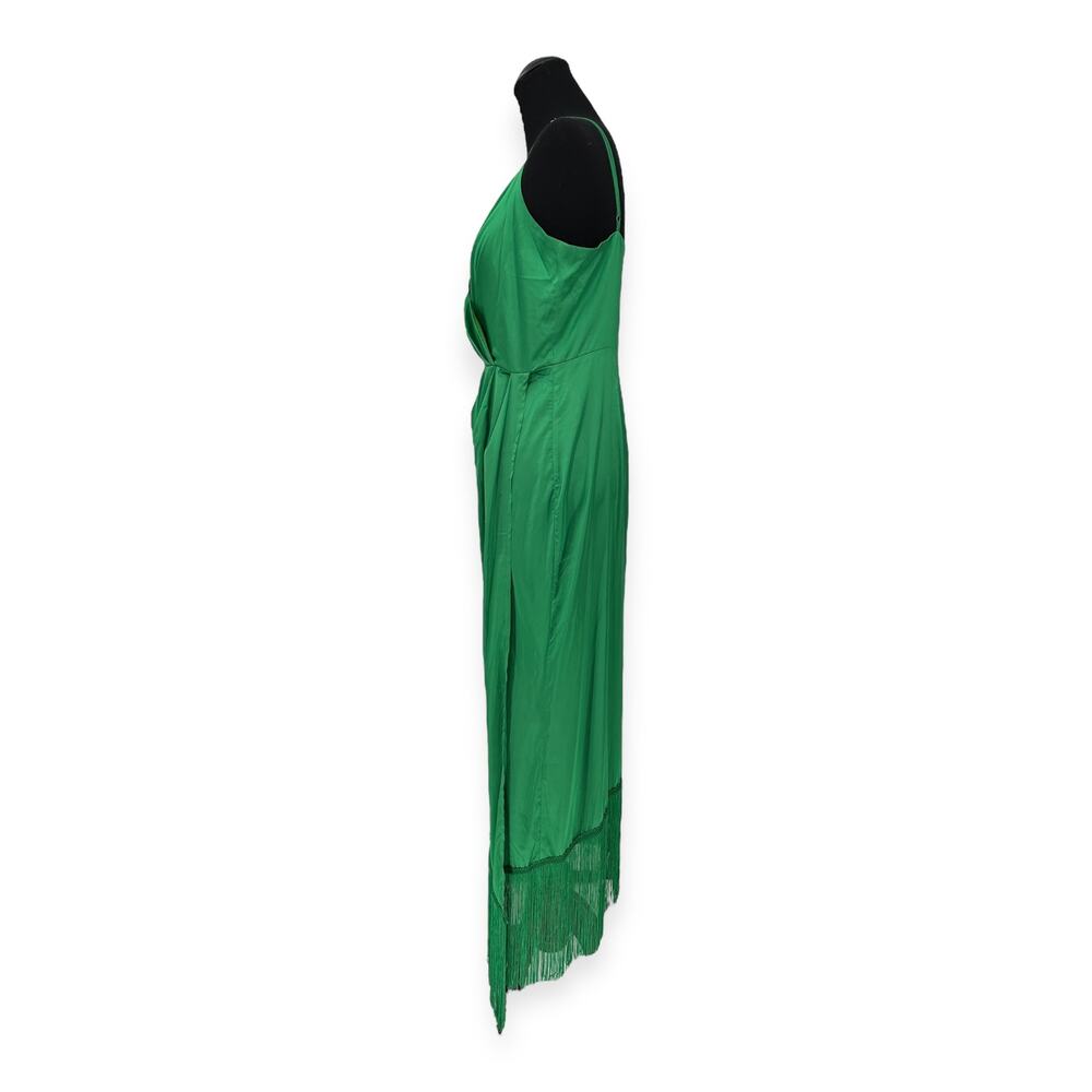 Showpo | Size 12 | Rholie Emerald Midi Plunge Neck Fringe Hem Fixed Wrap Dress - Picture 8 of 11